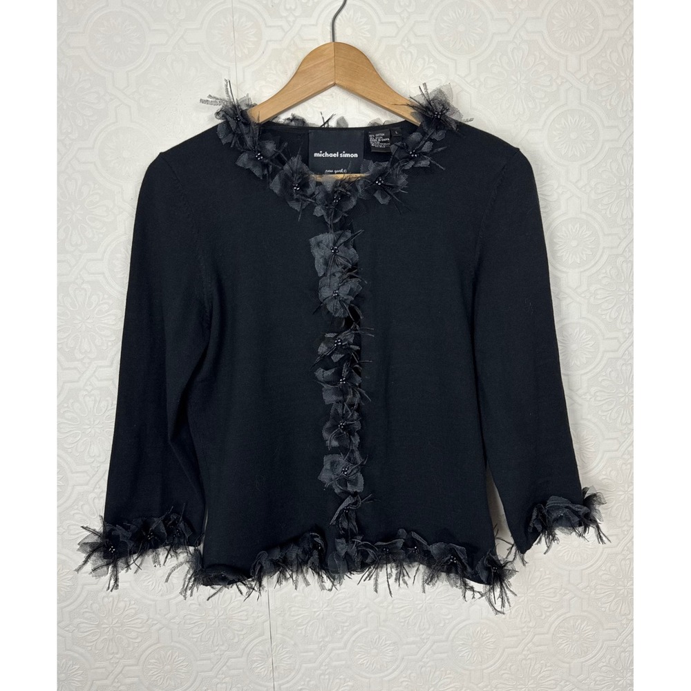Vintage Y2K Whimsigoth Black Feathers Witchy Flower Cardigan Sweater Large